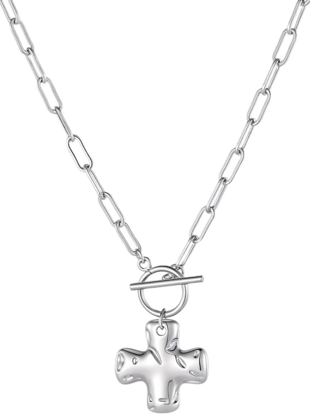 Gold Cross Necklace for Women - Hammered Pendant, Toggle Clasp, Paperclip Chain
